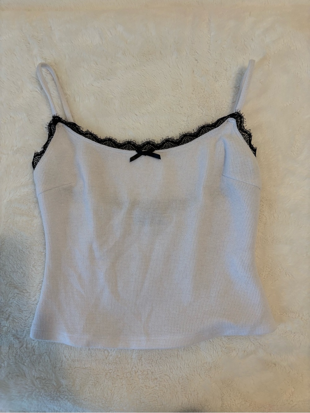 White Fox Boutique White Knit Cami with Black Lace Accent